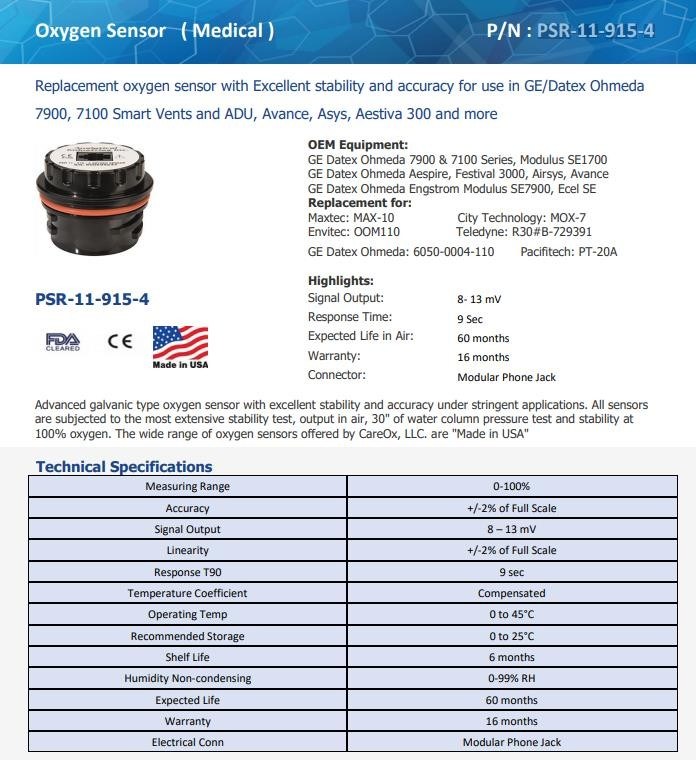 Sensor de oxígeno médico no tóxico de plástico portátil PSR-11-915-4 para 7900 7100 ADU
